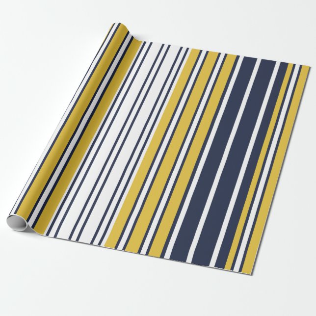 Elegant, stripes, navy blue, mustard yellow, white wrapping paper (Unrolled)