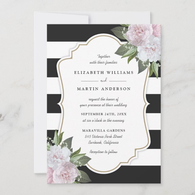 Elegant Stripes Pink Floral Wedding Invitations (Front)