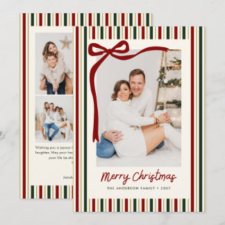 Elegant Stripes & Red Bow Merry Christmas 5 Photo Holiday Card