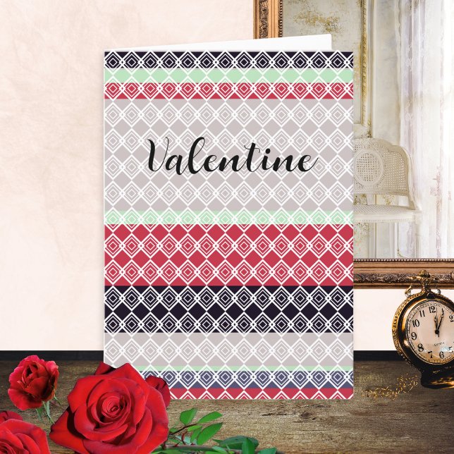 Elegant Stripes Retro Lace Effect Valentine's Day Holiday Card (A chic, patterned Valentine's card with retro lace effect and striped background)