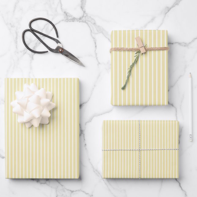 Elegant Stripes White - Butter Yellow Wrapping Paper Sheets (Front)