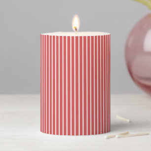 Elegant Stripes White - Coral Red Pillar Candle