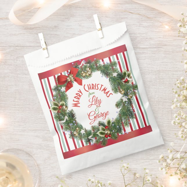 Elegant Stripped Holiday Wreath Favor Bag (Clipped)