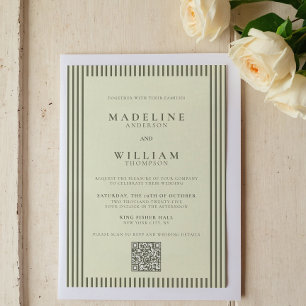 Elegant Stripped Sage Green Qr Code Wedding Invitation