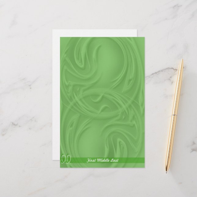 Elegant Strokes Over Green Abstract Personalized Stationery (Front/Back In Situ)