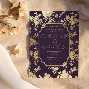 Elegant Style Dark Purple Gold Floral Wedding Invitation