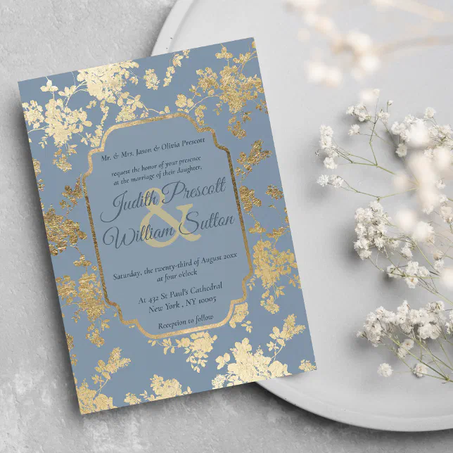 Elegant Style Dusty Blue Gold Floral Wedding Invitation | Zazzle