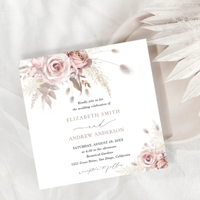 Elegant Stylish and Chic Dusty Rose Floral Wedding Invitation | Zazzle