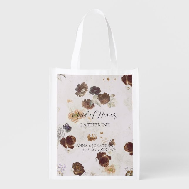 Elegant Stylish Beige Roses Floral Toile Wedding Grocery Bag (Front)