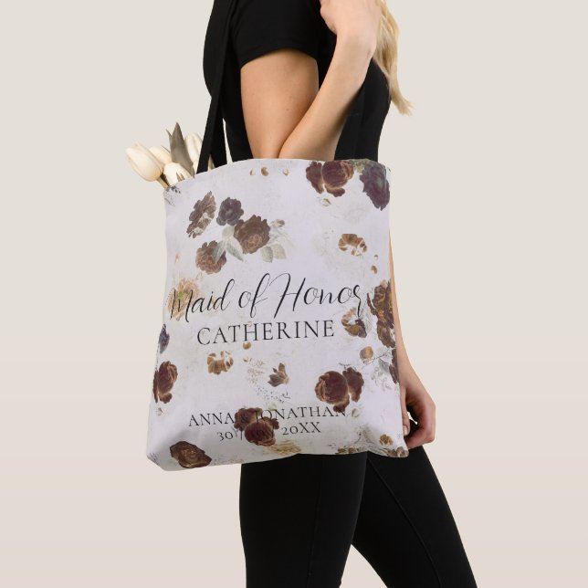 Elegant Stylish Beige Roses Floral Toile Wedding Tote Bag (Close Up)