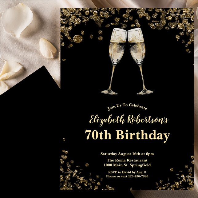 Elegant Stylish Black and Gold 70th Birthday  Invitation (Creator Uploaded)