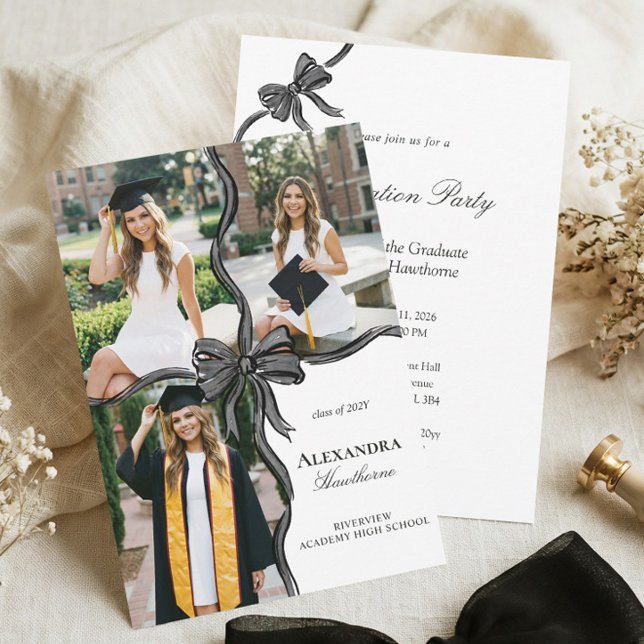 Elegant Stylish Black Bow Ribbon Photo Graduation Invitation (Elegant Stylish Black Bow Ribbon Photo Graduation Invitation)