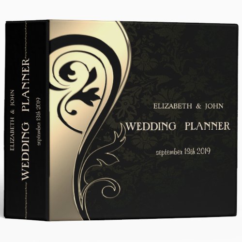 Elegant Stylish Black Damask  Gold  Swirl  Wedding 3 Ring Binder