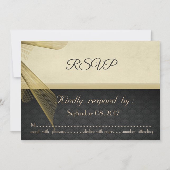 Elegant Stylish Black Damask Wedding  RSVP Card (Front)