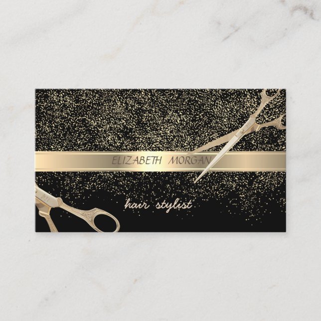 Elegant Stylish,Black ,Gold Confetti,Scissors Business Card (Front)