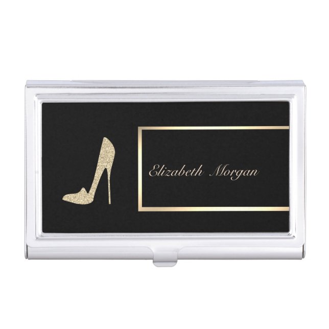 Elegant Stylish , Black ,Gold Glitter High Heels Business Card Case (Front)