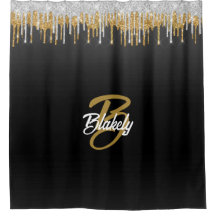 Elegant Stylish Black & Gold Glitter Monogrammed