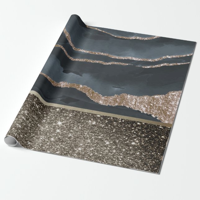 Elegant Stylish Black Gold Glitter Shiny Marble  Wrapping Paper (Unrolled)