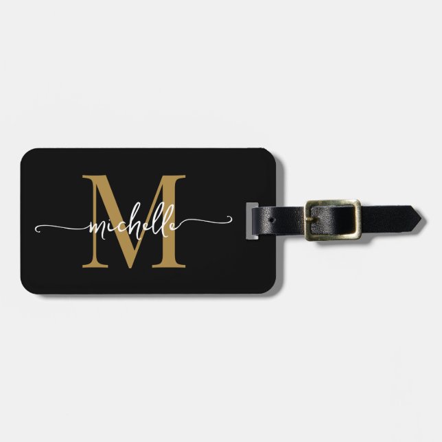Elegant Stylish Black Gold Monogram Initial Script Luggage Tag (Front Horizontal)