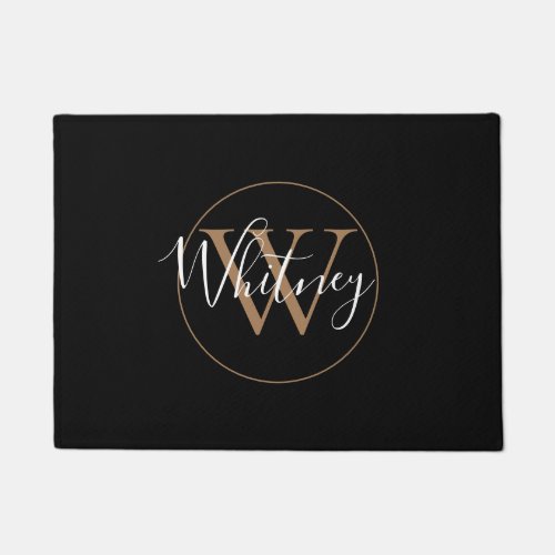 Elegant Stylish Black Gold Monogram Script Name  Doormat