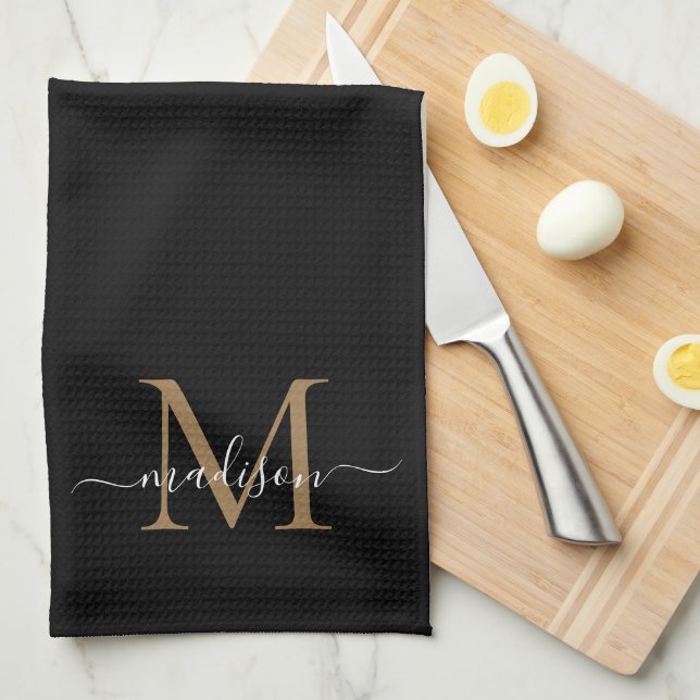 Elegant Stylish Black Gold Monogram Script Name Kitchen Towel (Quarter Fold)