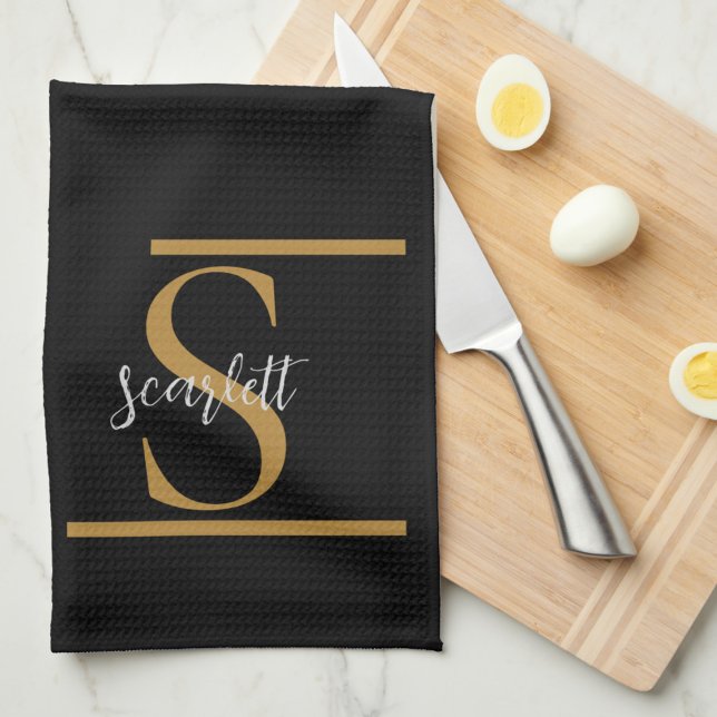 Elegant Stylish Black Gold Monogram Script Name Kitchen Towel (Creator Uploaded)
