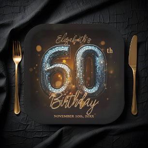 Elegant Stylish Black Gold Mosaic 60th Birthday Paper Plates