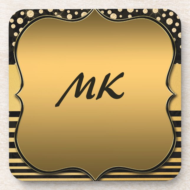 Elegant & Stylish Black & Gold Pattern Monogrammed Beverage Coaster (Front)