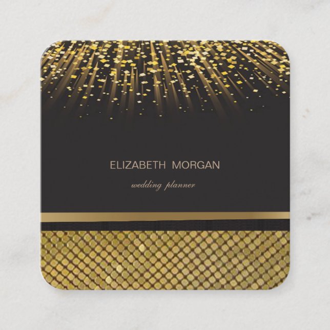 Elegant Stylish Black , Gold Sequins,Foil Confetti Square Business Card (Front)