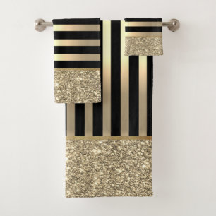 Elegant Stylish Black,  Gold Stripes Glitter Shiny Bath Towel Set