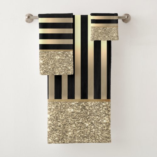 Elegant Stylish Black  Gold Stripes Glitter Shiny Bath Towel Set