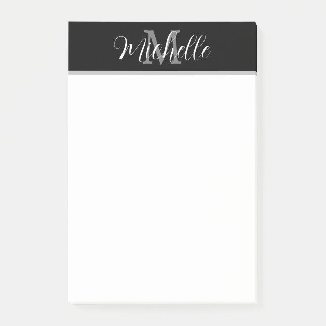 Elegant Stylish Black Gray Monogram Script Name  Post-it Notes (Front)