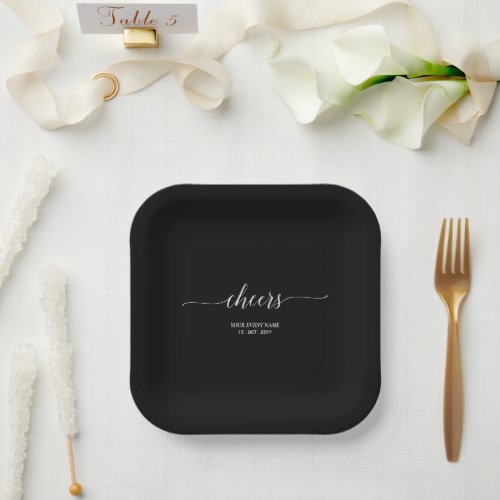 Elegant Stylish Black Lettering Cheers Event Party Paper Plates