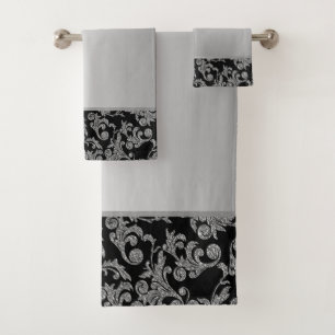 Elegant Stylish Black Silver Swirls Bath Towel Set