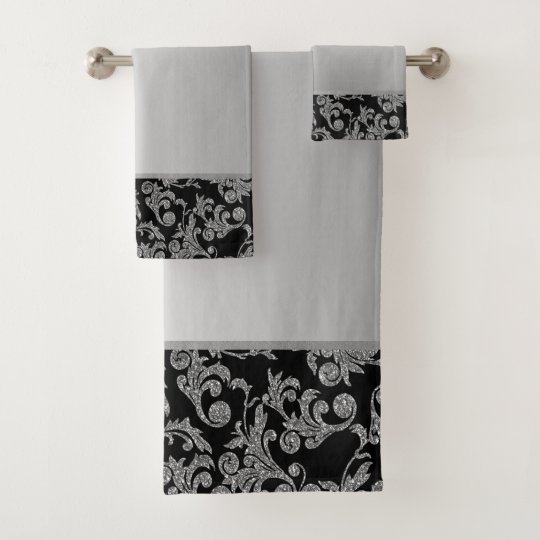 Elegant Stylish Black Silver Swirls Bath Towel Set