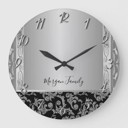 Elegant Stylish  Black Silver  Swirls   Large Clock