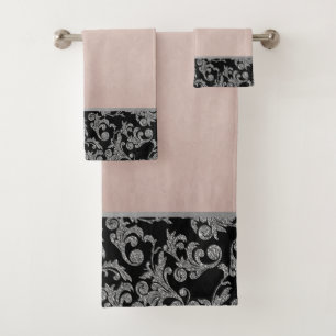 Elegant Stylish  Black Silver  Swirls Rose Gold Bath Towel Set
