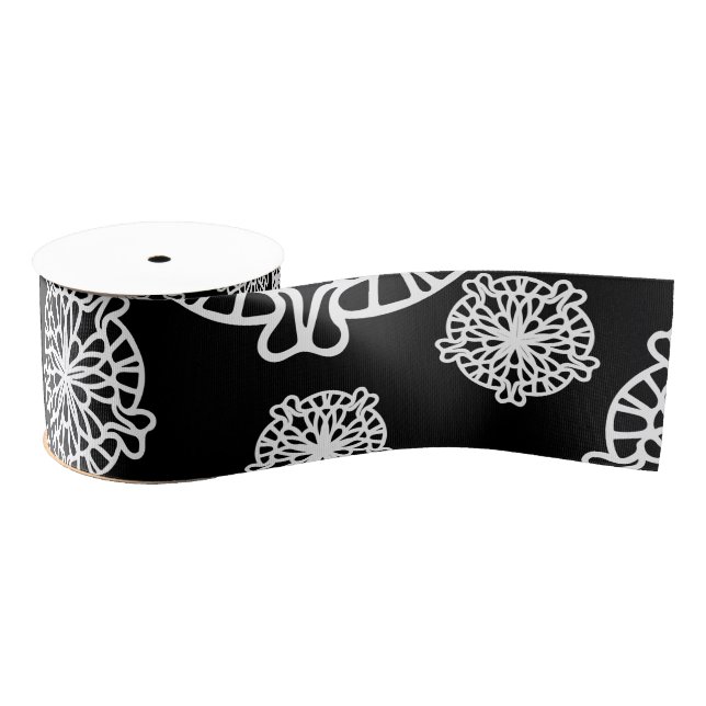 Elegant Stylish Black & White Mandala Flowers Grosgrain Ribbon (Spool)