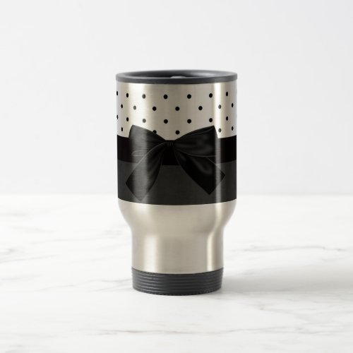 Elegant Stylish BlackWhite Polka Dots_Black Bow Travel Mug