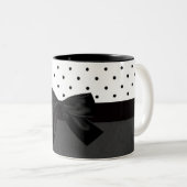 Elegant Stylish Black,White Polka Dots-Black Bow Two-Tone Coffee Mug (Front Right)