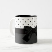 Elegant Stylish Black,White Polka Dots-Black Bow Two-Tone Coffee Mug (Front Left)