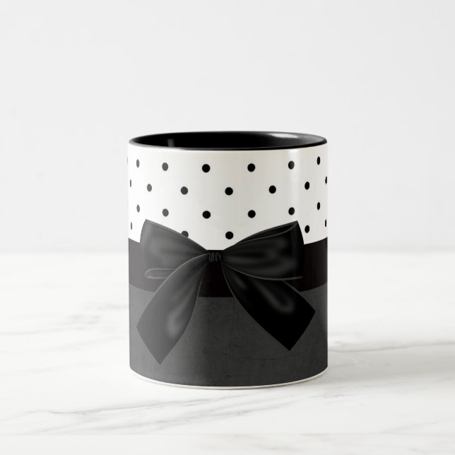Elegant Stylish Black,White Polka Dots-Black Bow Two-Tone Coffee Mug (Center)