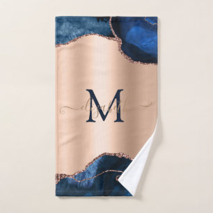 Elegant Stylish Blue Agate Marble Rose Gold Bath Towel Set