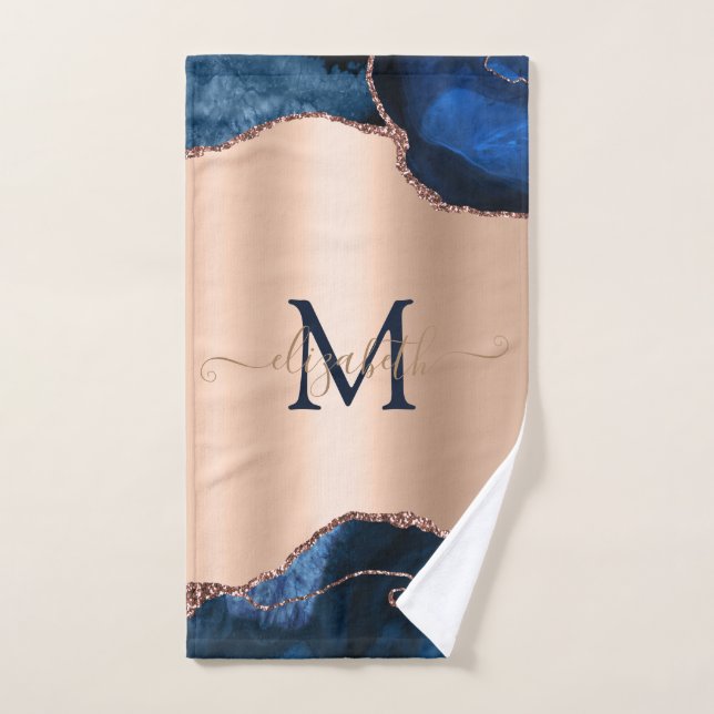 Elegant Stylish Blue Agate Marble Rose Gold Bath Towel Set (Hand Towel)