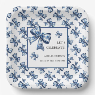 Elegant Stylish Blue Bows Class Of 2026 Graduate Paper Plates