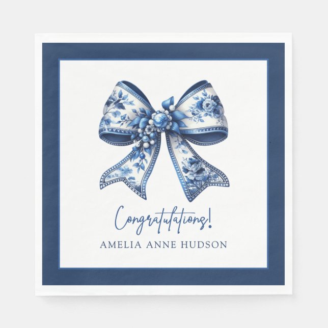 Elegant Stylish Blue Floral Bow Congratulations Napkins (Front)