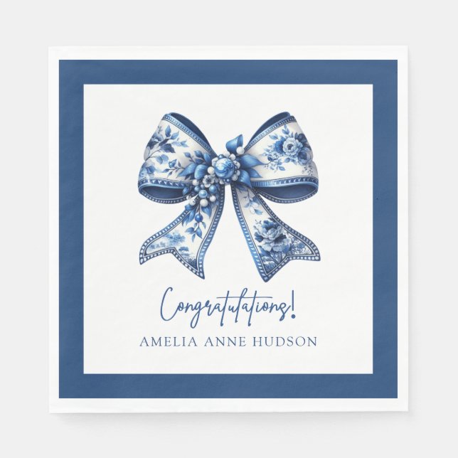Elegant Stylish Blue Floral Bow Congratulations Napkins (Front)