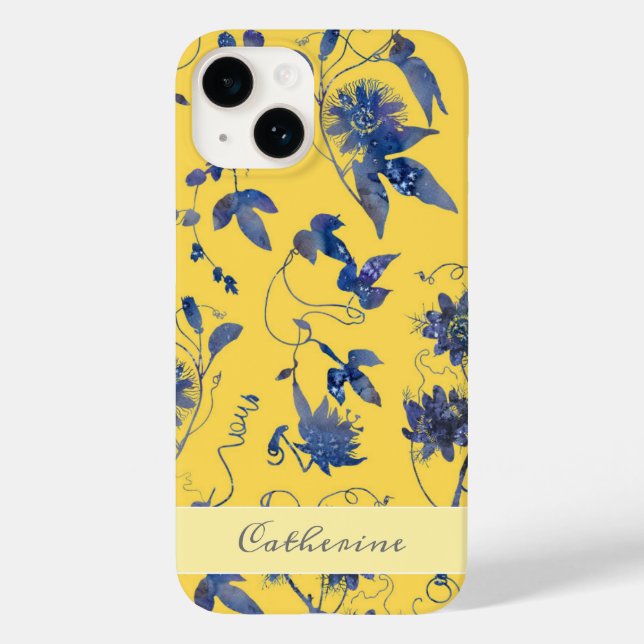 Elegant Stylish Blue Flowers Mustard Yellow Floral Case-Mate iPhone Case (Back)