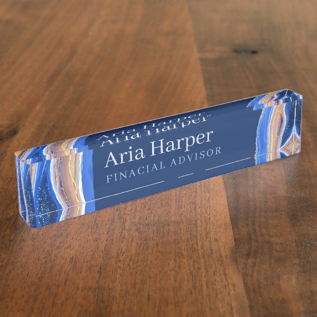 Elegant Stylish Blue Geode Glitter Agate Desk Nam Name Plate (Side)