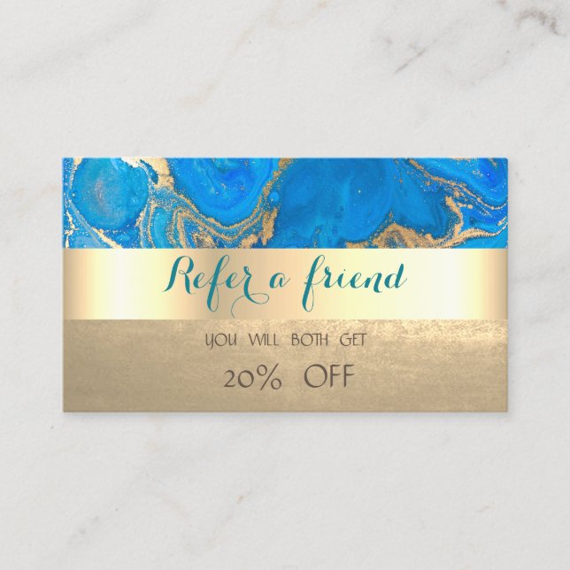Elegant Stylish Blue Gold Marble  Referral Card (Front)